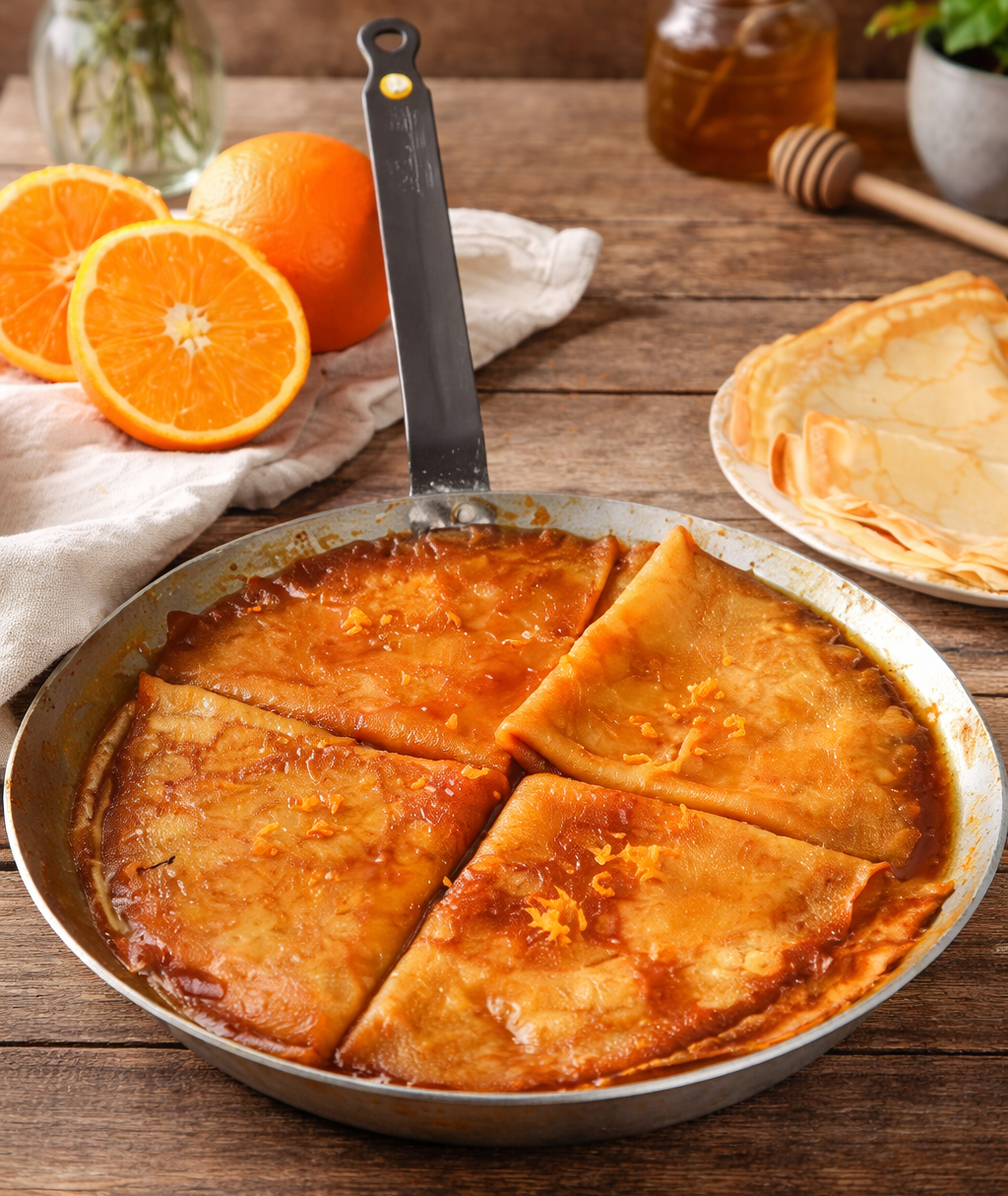 pancake in a pan with oranges and a jar of honey on a wooden table