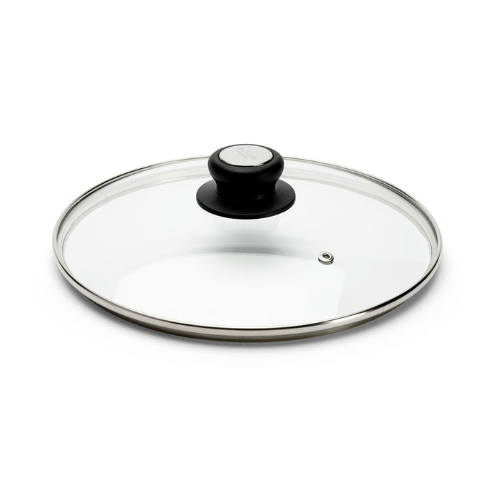 De Buyer 28cm glass lid with stainless steel rim and black bakelite knob
