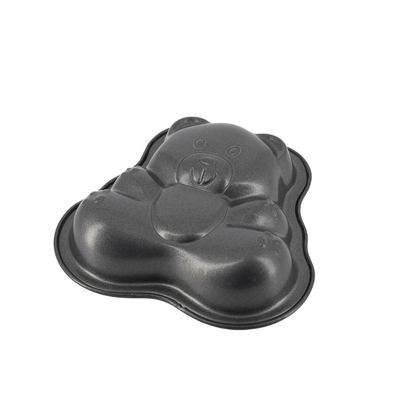 One dark grey cake mould in the shape of cartoon bears, showing the outside of the mould, on a white background.