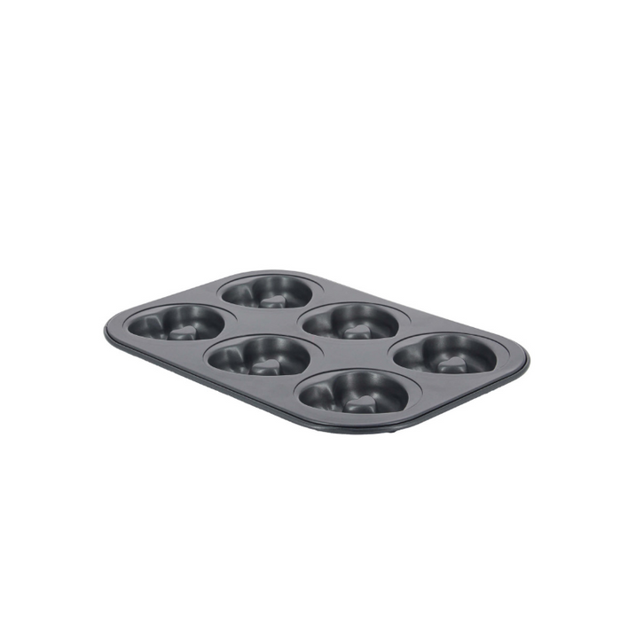 De Buyer six-cup non-stick steel cake tray with six heart-shaped moulds on a white background