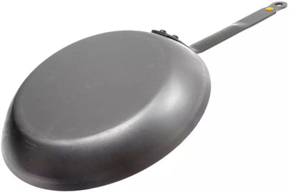 A dark gray Carbon Steel frying pan with a long handle, shown from an elevated angle on a plain white background.