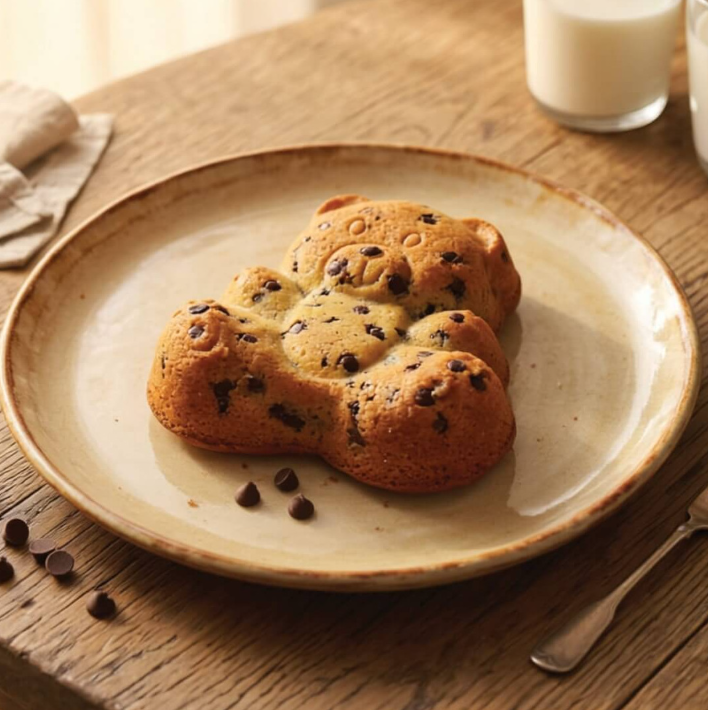 A chocolate chip cake in the shape of a cartoon bear on an artisan plate, on a table with a glass of milk