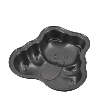 One dark grey cake mould in the shape of cartoon bears, showing the inside of the mould, on a white background.