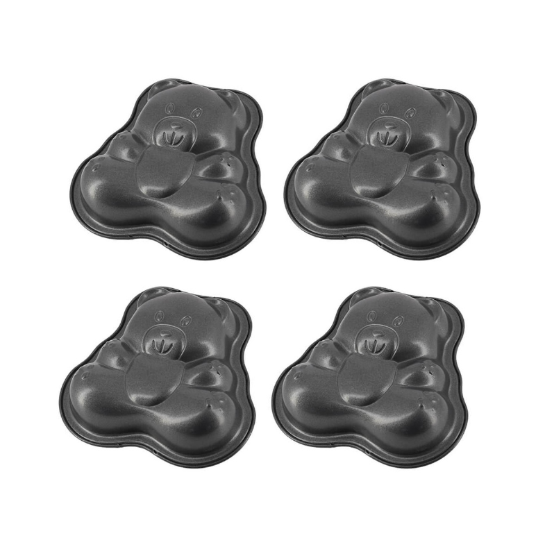 Four dark grey cake mould in the shape of cartoon bears, arranged on a white background.