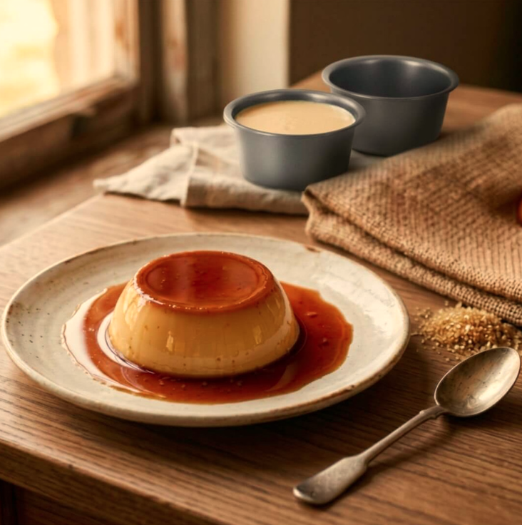 A custard dessert, sits on a beige ceramic plate on a rustic wooden table. The dessert has a glossy caramel topping and caramel sauce pooled around the base.