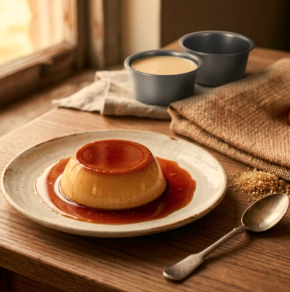 A custard dessert, sits on a beige ceramic plate on a rustic wooden table. The dessert has a glossy caramel topping and caramel sauce pooled around the base.