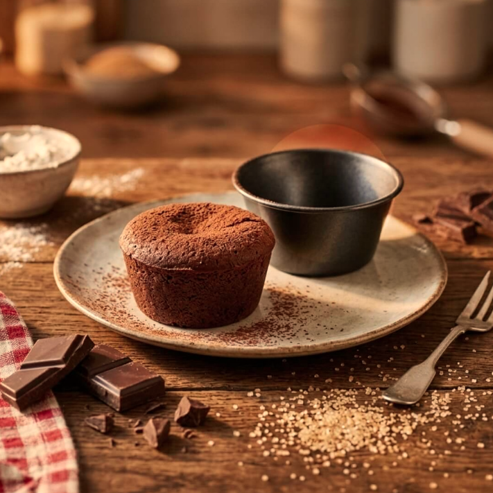 A chocolate lava centre cake on a ceramic plate with a small empty De Buyer Muffin Mould, set on a rustic wooden table with chocolate pieces, flour, and baking ingredients.