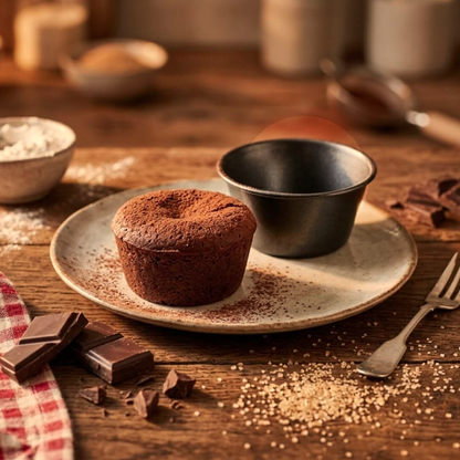 A chocolate lava centre cake on a ceramic plate with a small empty De Buyer Muffin Mould, set on a rustic wooden table with chocolate pieces, flour, and baking ingredients.