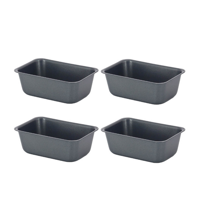 Four De Buyer coated steel mini loaf moulds arranged together on a white background