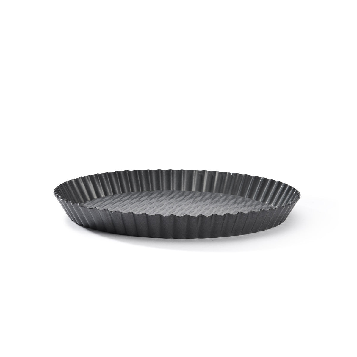 A dark gray fluted tart pan shown from a side angle on a clean white background.