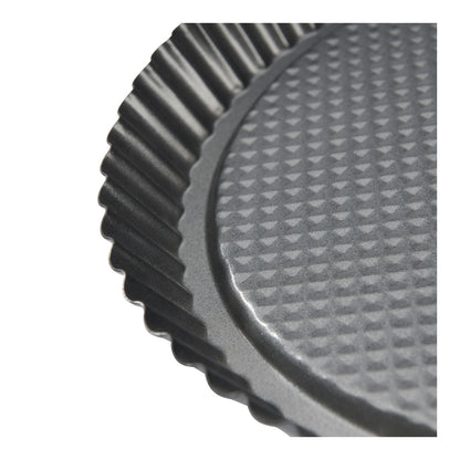 Close-up of a dark gray fluted round tart or cake pan with a textured non-stick surface.